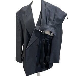 VTG Falcone 2 Piece Double Breasted Suit Black Mens 48R 42x32 MobBoss Suspenders